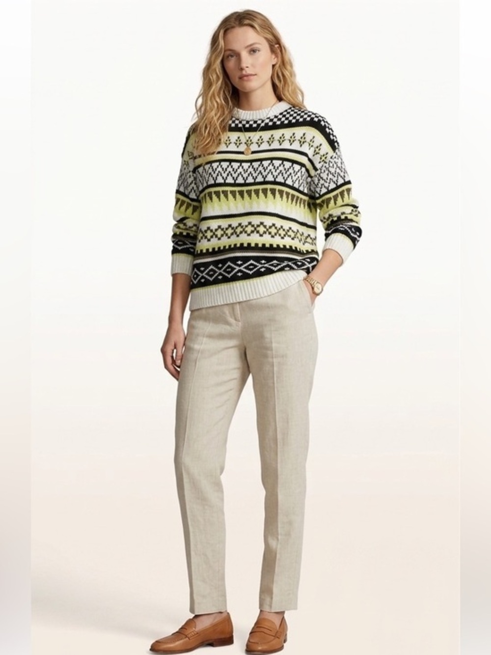 Yellow White Black Oversized Pattern Knit Grandpa Style Sweater Size Extra Small